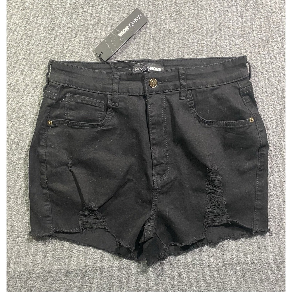Fashion Nova Runaway Ripped Mid Rise Stretch Black Jean Shorts T520 Womens 13